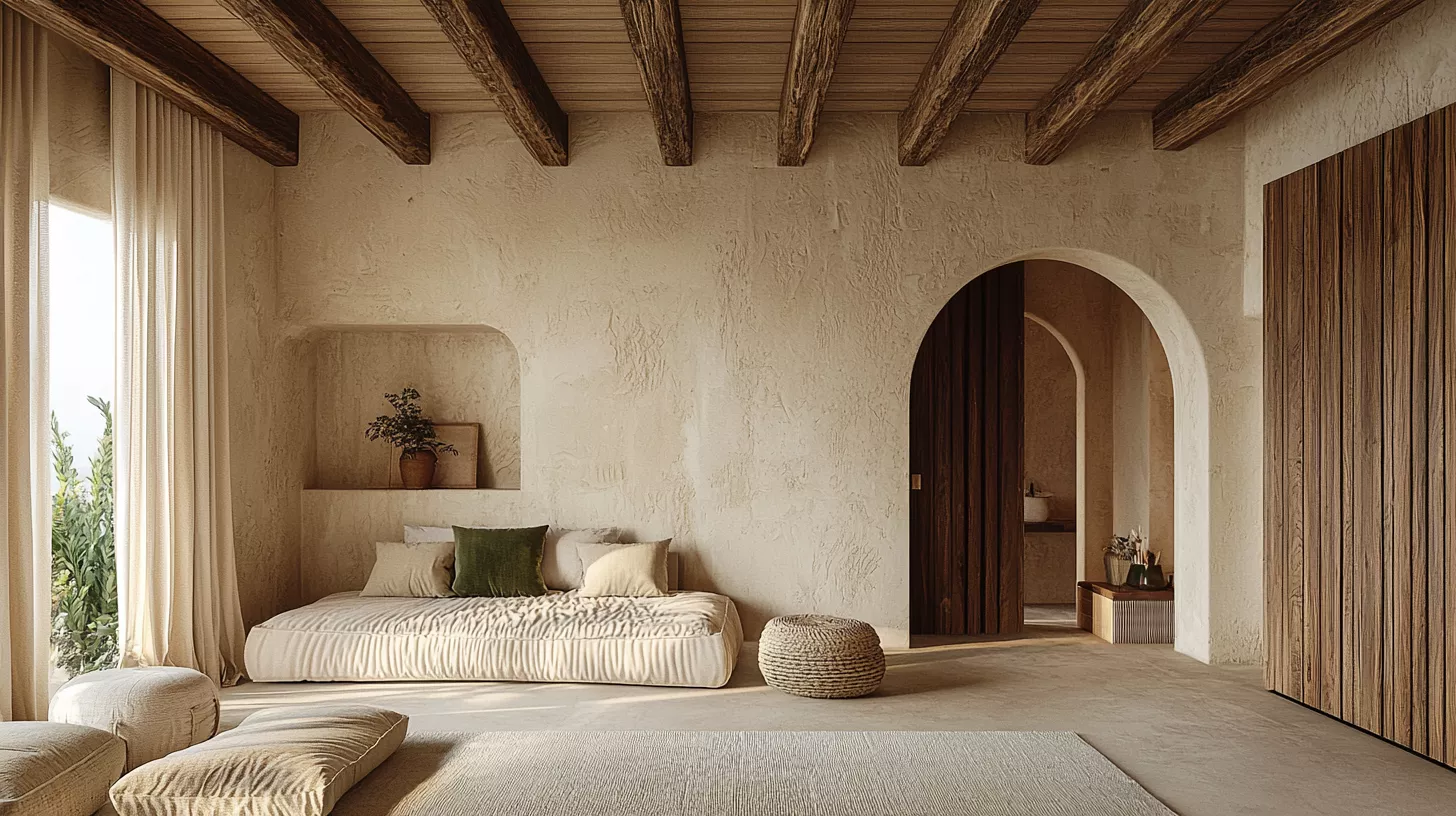 تصميم داخلي سوريا بألوان ترابية, جدران بيج رملي, خامات حجر طبيعي, أبواب خشب, طبقة هوية زيتوني للأقمشة